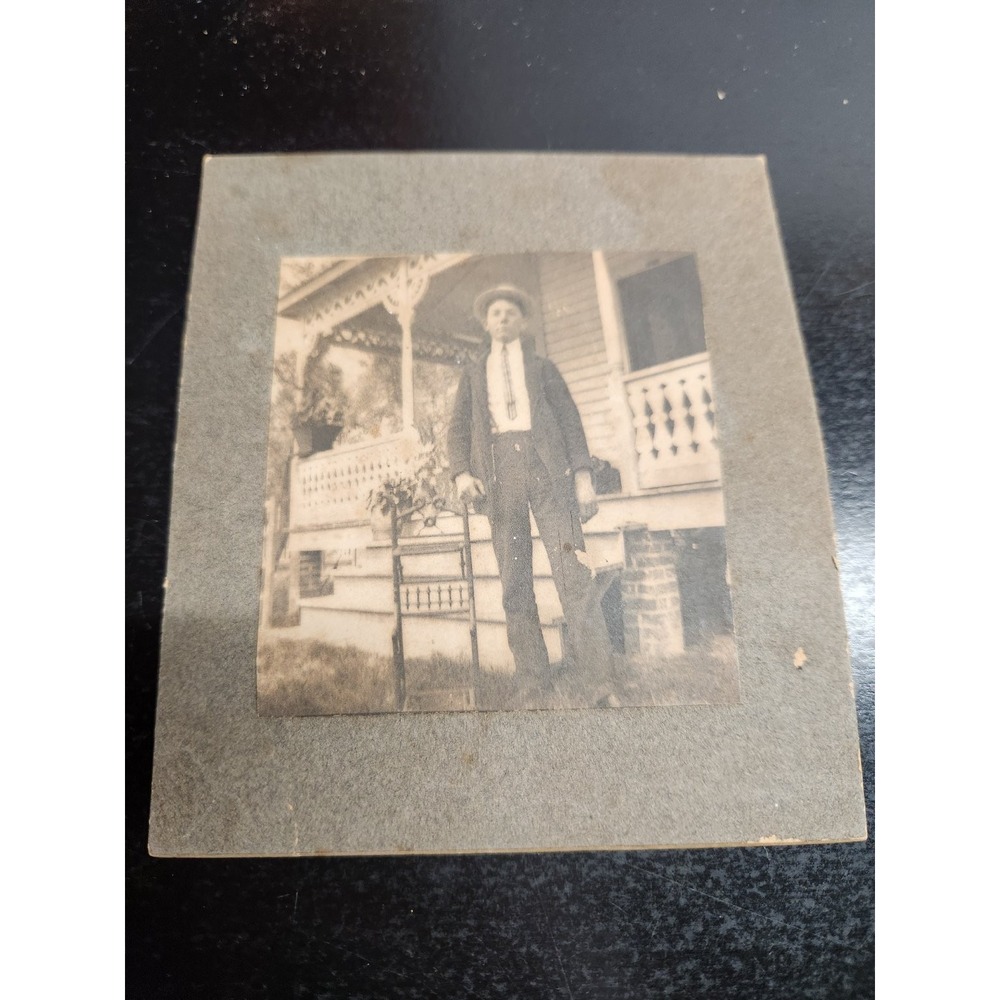 Antique Mounted Photo Man with Cane on Porch House Snapshot Americana 1910s